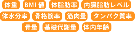 体重 BMI値 体脂肪率 内臓脂肪レベル 体水分率 骨格筋率 筋肉量 タンパク質率 骨量 基礎代謝量 体内年齢